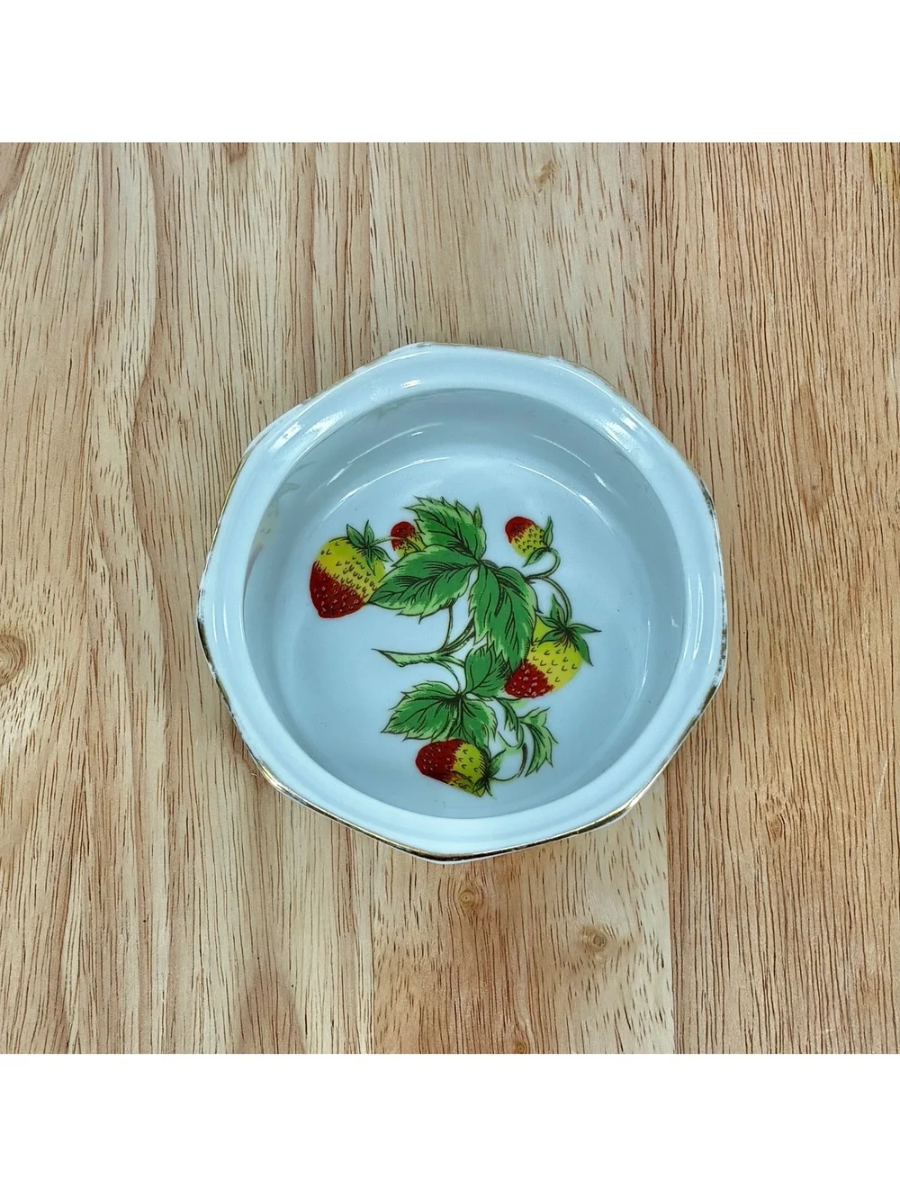 Vintage Mid Century Strawberry & Butterfly Porcelain Ramekin Gold Trim Japan